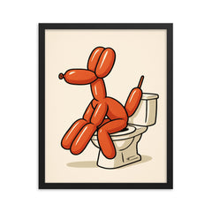 Bathroom decor - funny minimalistic bathroom decor wall art of a balloon dog sitting on the toilet framed print on a plain backdrop in size 16"x20".