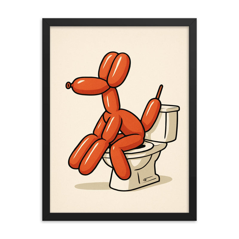 Bathroom decor - funny minimalistic bathroom decor wall art of a balloon dog sitting on the toilet framed print on a plain backdrop in size 18