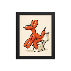 Bathroom decor - funny minimalistic bathroom decor wall art of a balloon dog sitting on the toilet framed print on a plain backdrop in size 8"x10".