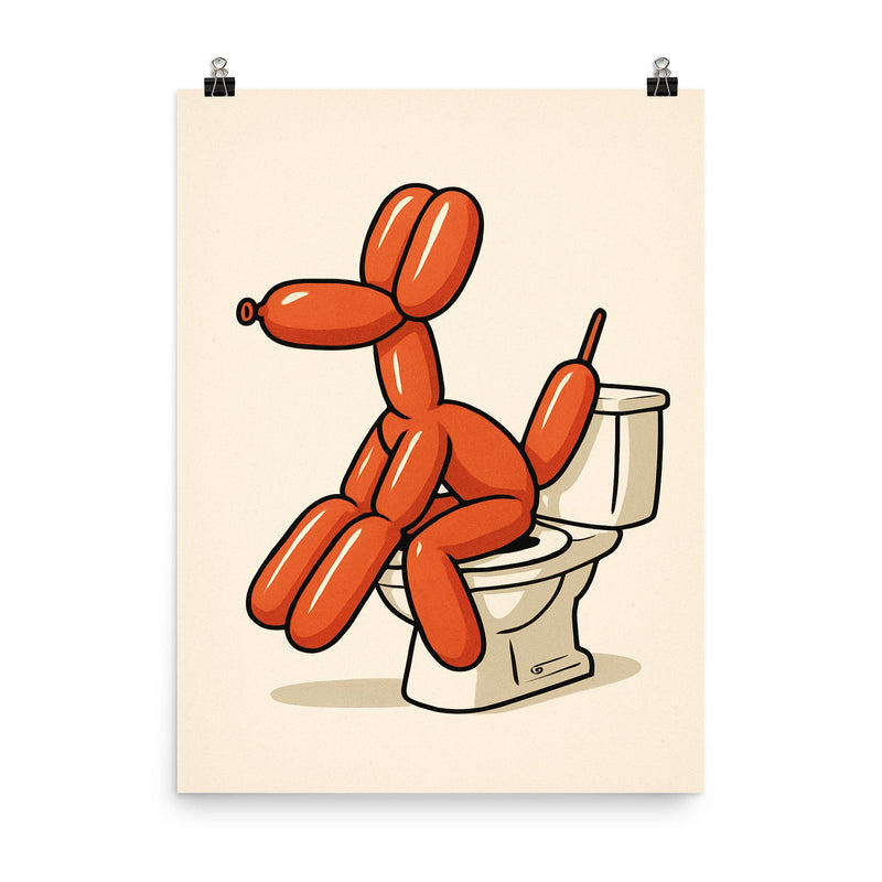 Bathroom decor - funny minimalistic bathroom decor wall art of a balloon dog sitting on the toilet poster on a plain backdrop in size 8