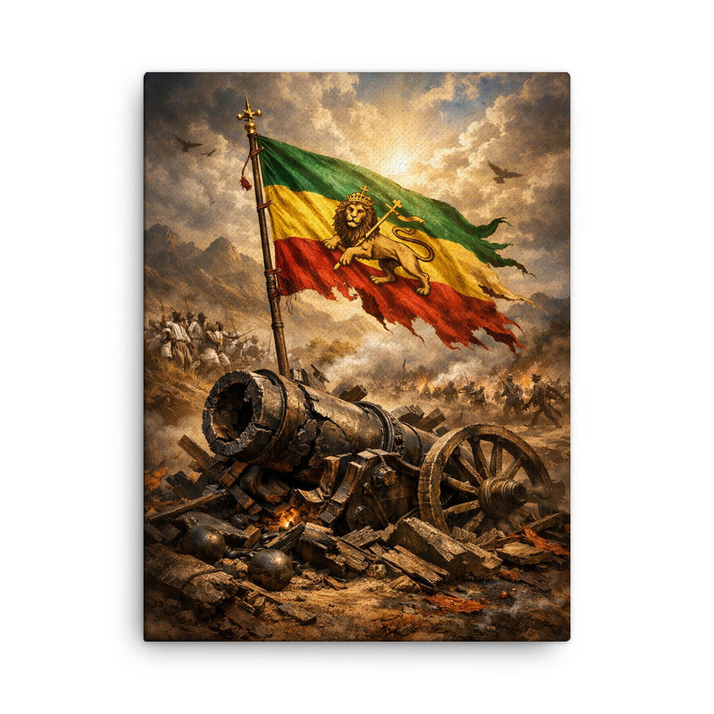 Battle of Adwa Ethiopian standard over shattered cannon canvas print on a plain backdrop in size 18