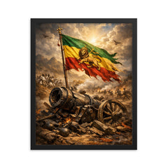 Battle of Adwa Ethiopian standard over shattered cannon framed print on a plain backdrop in size 16"x20".