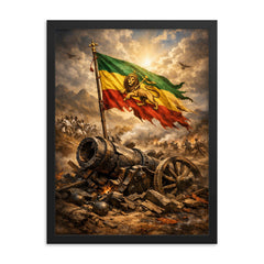 Battle of Adwa Ethiopian standard over shattered cannon framed print on a plain backdrop in size 18"x24".