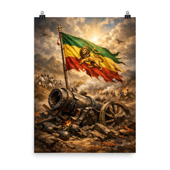 Battle of Adwa Ethiopian standard over shattered cannon poster on a plain backdrop in size 8"x10".