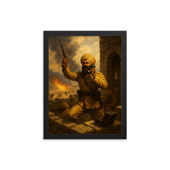 Battle of Saragarhi last signal from stone fort framed print on a plain backdrop in size 12"x16".