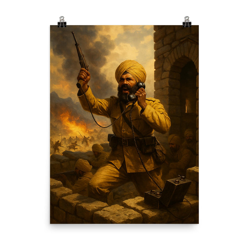 Battle of Saragarhi last signal from stone fort poster on a plain backdrop in size 8