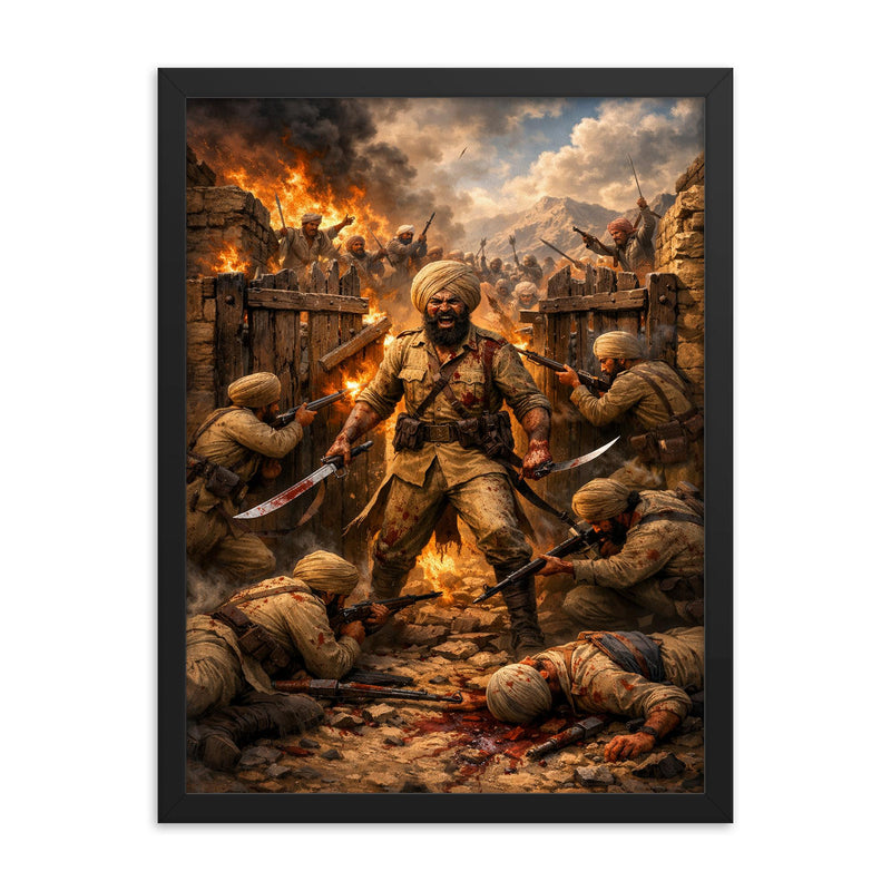 Battle of Saragarhi last stand at gate framed print on a plain backdrop in size 18