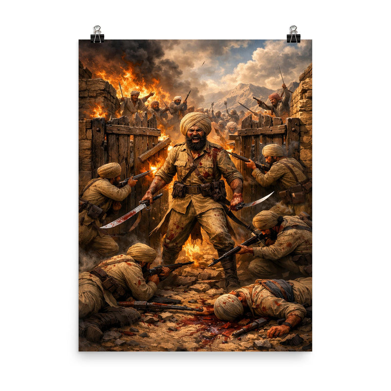 Battle of Saragarhi last stand at gate poster on a plain backdrop in size 8