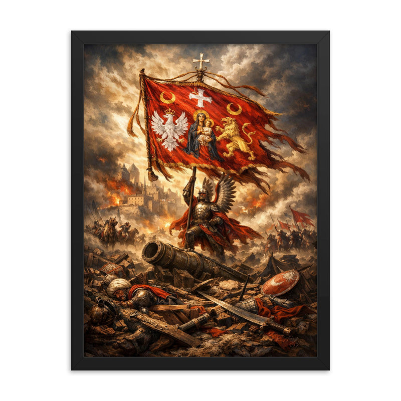 Battle of Vienna standard over broken siege lines framed print on a plain backdrop in size 18
