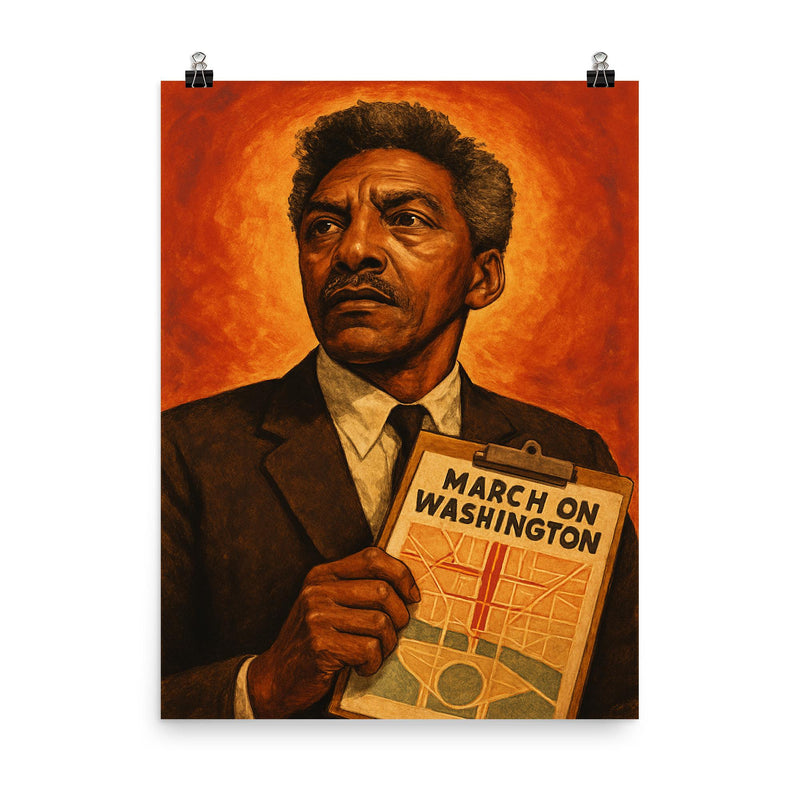 Bayard Rustin march planner portrait poster on a plain backdrop in size 8