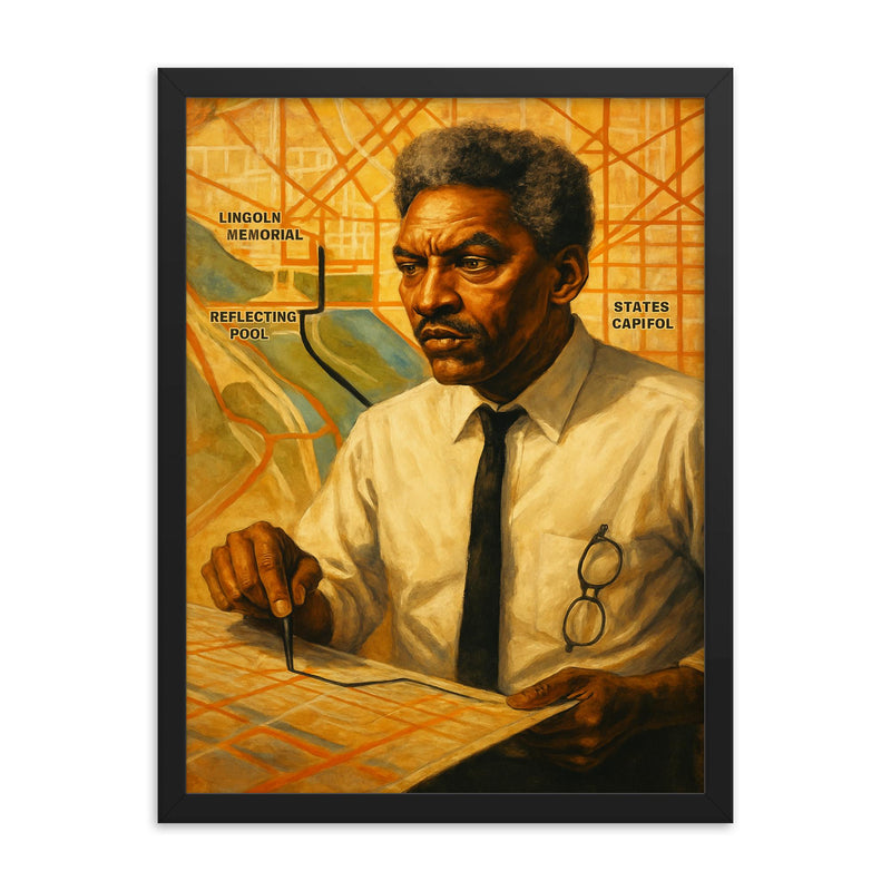 Bayard Rustin organizing march route framed print on a plain backdrop in size 18