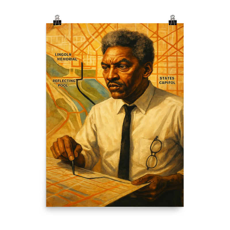 Bayard Rustin organizing march route poster on a plain backdrop in size 8