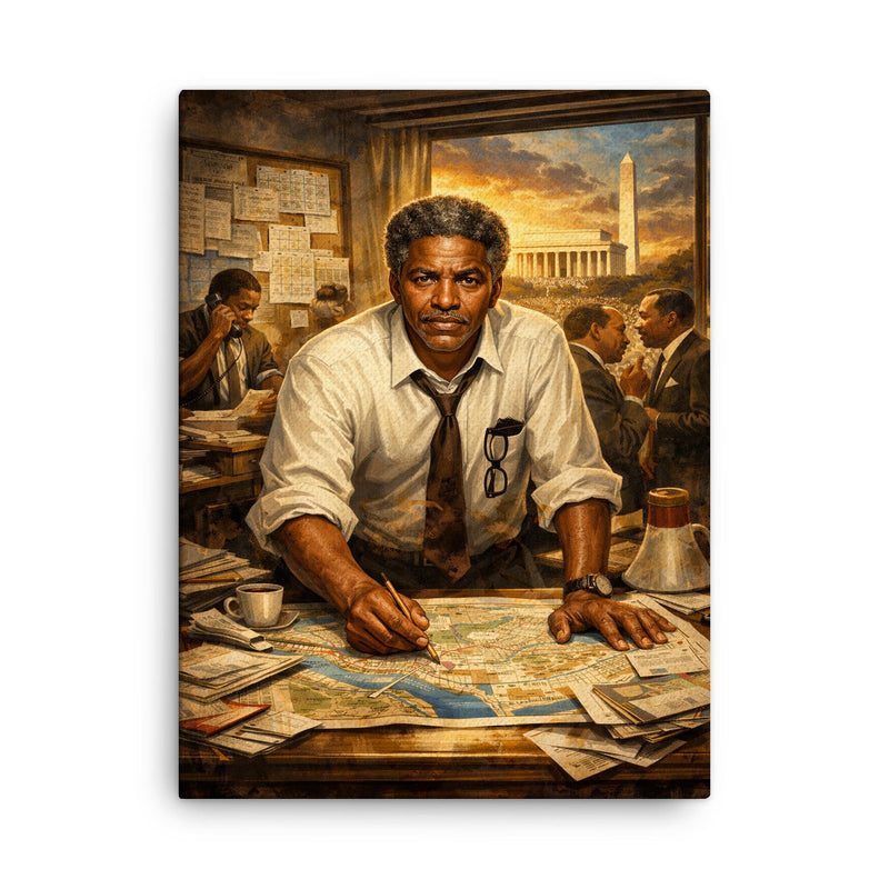 Bayard Rustin organizing the March on Washington canvas print on a plain backdrop in size 18