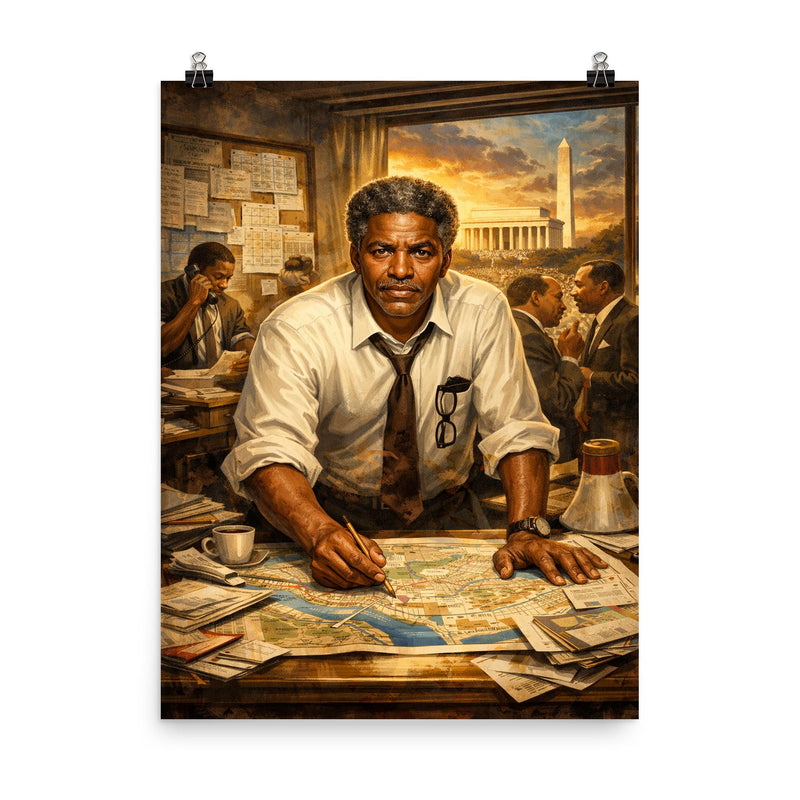 Bayard Rustin organizing the March on Washington poster on a plain backdrop in size 8