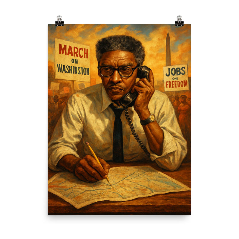 Bayard Rustin organizing the March on Washington poster on a plain backdrop in size 8