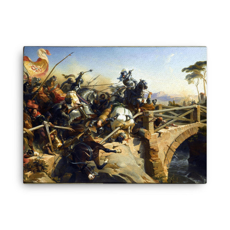 Bayard Sur le Pont du Garigliano by Henri Félix Emmanuel Philippoteaux, 1840 canvas print on a plain backdrop in size 18