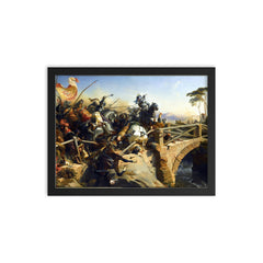 Bayard Sur le Pont du Garigliano by Henri Félix Emmanuel Philippoteaux, 1840 framed print on a plain backdrop in size 12"x16".