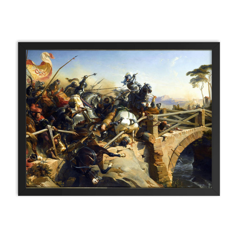Bayard Sur le Pont du Garigliano by Henri Félix Emmanuel Philippoteaux, 1840 framed print on a plain backdrop in size 18