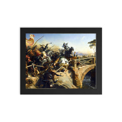 Bayard Sur le Pont du Garigliano by Henri Félix Emmanuel Philippoteaux, 1840 framed print on a plain backdrop in size 8"x10".