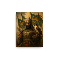 Baybars with falcon and Mamluk banners canvas print on a plain backdrop in size 12"x16".