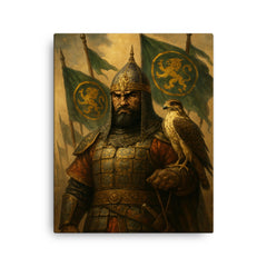Baybars with falcon and Mamluk banners canvas print on a plain backdrop in size 16"x20".