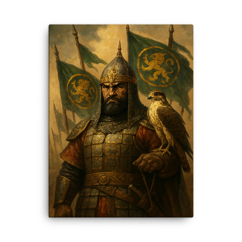 Baybars with falcon and Mamluk banners canvas print on a plain backdrop in size 18