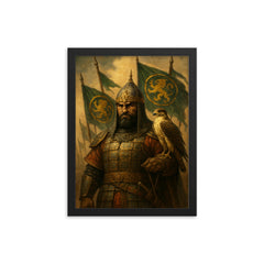 Baybars with falcon and Mamluk banners framed print on a plain backdrop in size 12"x16".