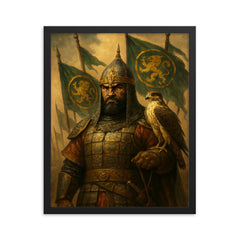 Baybars with falcon and Mamluk banners framed print on a plain backdrop in size 16"x20".
