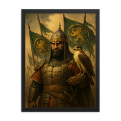 Baybars with falcon and Mamluk banners framed print on a plain backdrop in size 18"x24".