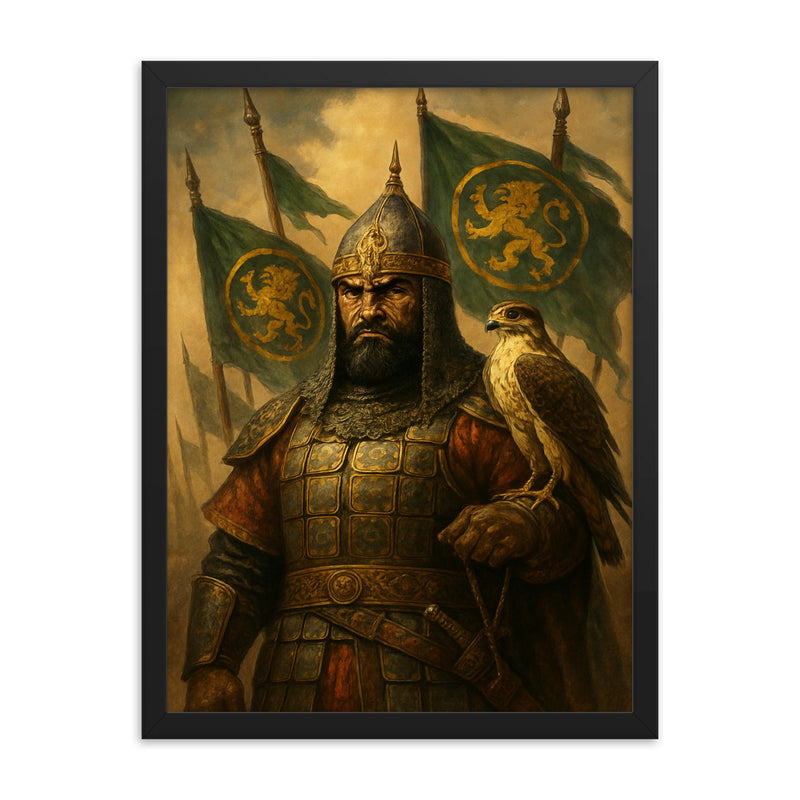Baybars with falcon and Mamluk banners framed print on a plain backdrop in size 18