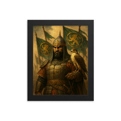 Baybars with falcon and Mamluk banners framed print on a plain backdrop in size 8"x10".