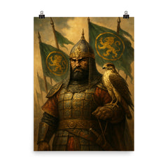 Baybars with falcon and Mamluk banners poster on a plain backdrop in size 8"x10".