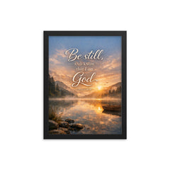 Be still and know that I am God Psalm 4610 framed print on a plain backdrop in size 12"x16".