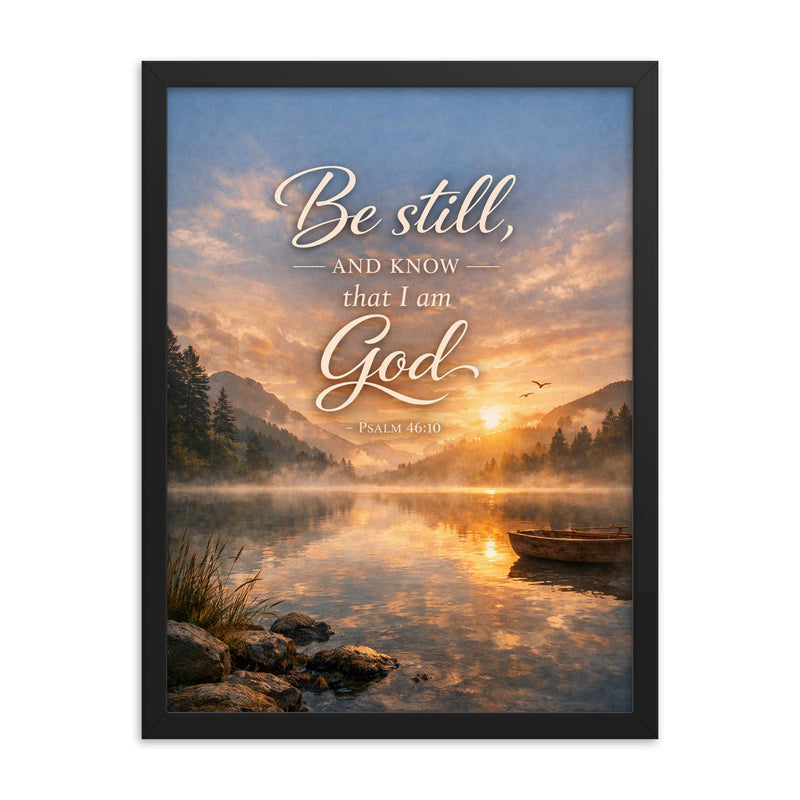 Be still and know that I am God Psalm 4610 framed print on a plain backdrop in size 18