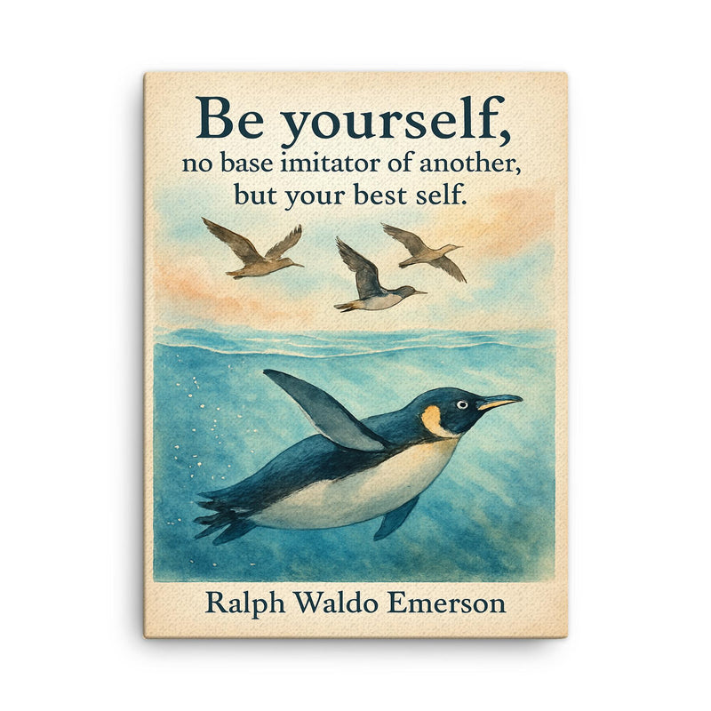 Be yourself Emerson quote with penguin swimming and trying to fly motivational poster canvas print on a plain backdrop in size 18