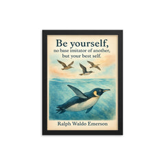 Be yourself Emerson quote with penguin swimming and trying to fly motivational poster framed print on a plain backdrop in size 12"x16".
