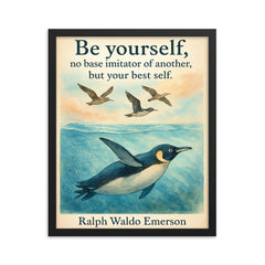 Be yourself Emerson quote with penguin swimming and trying to fly motivational poster framed print on a plain backdrop in size 16"x20".