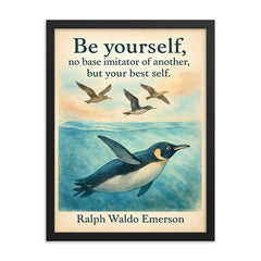 Be yourself Emerson quote with penguin swimming and trying to fly motivational poster framed print on a plain backdrop in size 18"x24".