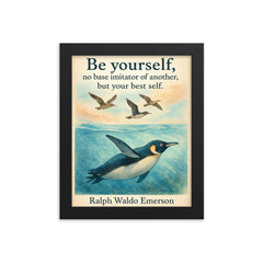 Be yourself Emerson quote with penguin swimming and trying to fly motivational poster framed print on a plain backdrop in size 8"x10".