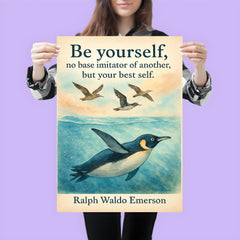 Be yourself Emerson quote with penguin swimming and trying to fly motivational poster poster 3