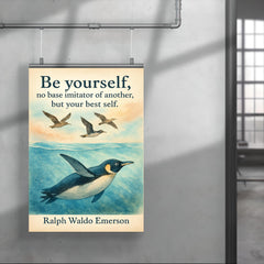 Be yourself Emerson quote with penguin swimming and trying to fly motivational poster poster 4
