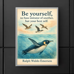 Be yourself Emerson quote with penguin swimming and trying to fly motivational poster poster 5
