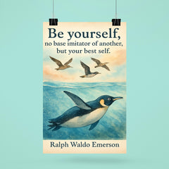 Be yourself Emerson quote with penguin swimming and trying to fly motivational poster poster 6