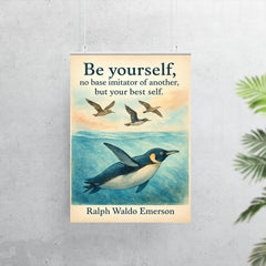Be yourself Emerson quote with penguin swimming and trying to fly motivational poster poster 7