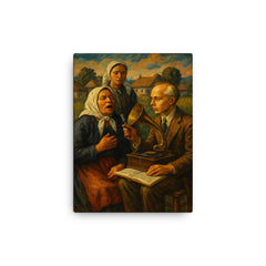 Béla Bartók collecting village songs canvas print on a plain backdrop in size 12"x16".
