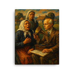 Béla Bartók collecting village songs canvas print on a plain backdrop in size 16"x20".
