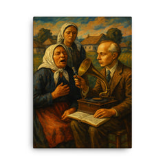 Béla Bartók collecting village songs canvas print on a plain backdrop in size 18"x24".