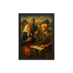 Béla Bartók collecting village songs framed print on a plain backdrop in size 12"x16".