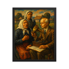 Béla Bartók collecting village songs framed print on a plain backdrop in size 16"x20".