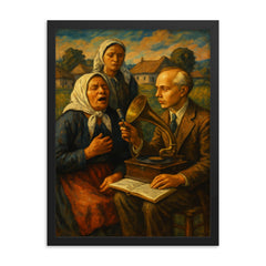 Béla Bartók collecting village songs framed print on a plain backdrop in size 18"x24".